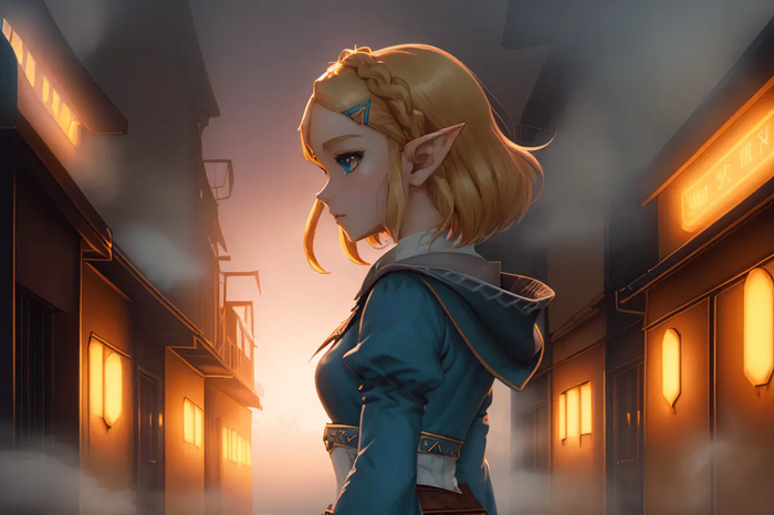 1girl, &lt;lora:zelda_1:0.9&gt; aazelda, short hair, crown braid, hairclip, pointy ears, brown cape, blue shirt, puffy sleeves, long sleeves, fingerless gloves, black gloves, black pants, tight pants, (Desolate fog-shrouded alley:1.3), (side view)