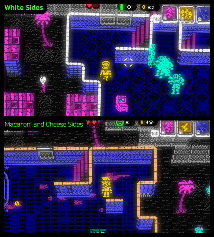 Случайно поменял цвет верхних граней стен. Был белый (вверху), а стал "Макароны с сыром" (на нижней части картинки). Смотрится необычно, но... интересно. На ваш взгляд, прикольней стало или раньше было лучше?