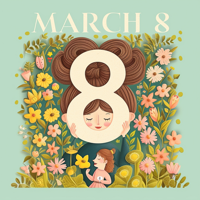"8 MARCH" text, "8" big and centered, award winning illustration, women's day post, positive
