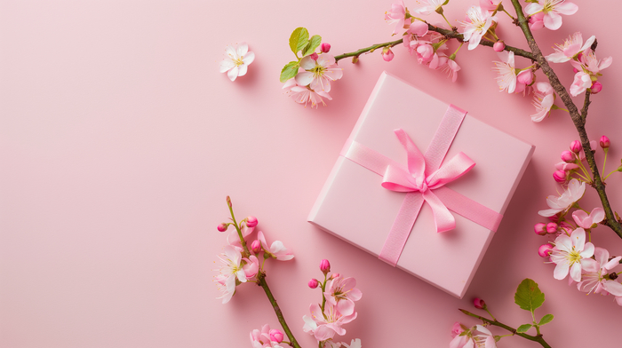 Pink Gift box, Spring flower, clean composition, product photography, free space left --ar 16:9 --style raw