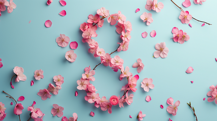 number 8, International Women's Day, copy space, light professional photo, clean sharp focus --chaos 30 --ar 16:9 --style raw --stylize 200