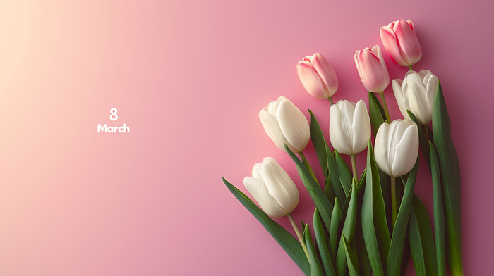 High-definition, minimalist imagery for International Women's Day, featuring understated elegance with "8 March" messaging, tailored for stock photo platforms, with copy space --ar 16:9 --style raw --stylize 200