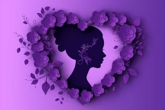 International Womens Day flyer with woman silhouette and floral ornaments in paper cut 3D illustration, heart shape, purple --ar 3:2