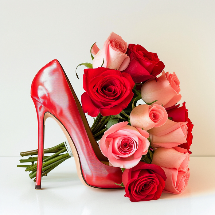 high heel red of woman and bouquet roses red
