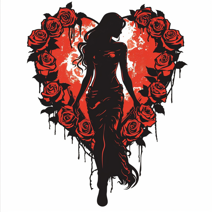 shirt design, simple vector art, aphrodite, god of love walking towards the viewer, behind her on her way are roses, full body shot, big heart background, triotone red, piNK and black, high contrast, isolated on white background
