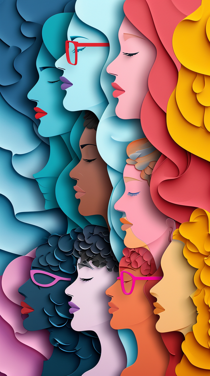 poster, placard, International Women's Day, with silhouettes of multicultural women's faces in paper cut and copy space, 3D illustration  ar 9:16.