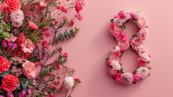 Illustration of number 8 and floral decoration pink background, banner for 8th march women's day, stock photo with copy space --ar 16:9 --stylize 250