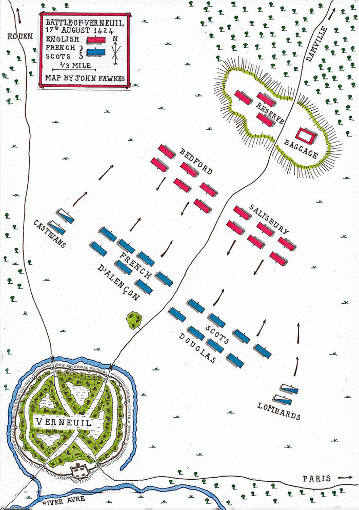 Синим обзначаны французы, красным англичане.