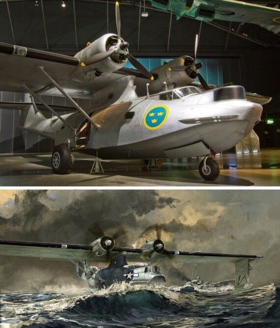 Самолет-амфибия PBY Catalina ВВС Швеции (вверху). Внизу — посадка «Каталины» американских ВВС на воду.