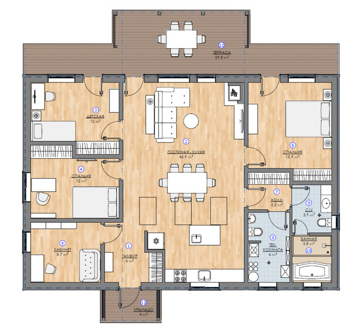 Проект <a href="https://pikabu.ru/story/planirovki_zagorodnyikh_domov_bez_koridorov_preimushchestva_i_nedostatki_pered_koridornyimi_planirovkami_udachnyie_planirovki_s_koridorom_i_bez_11220006?u=https%3A%2F%2Ffin.house%2Fproektyi-domov%2Fproekt-forsca-136%2F&t=%D0%A4%D0%BE%D1%80%D1%81%D1%81%D0%B0%20136&h=cc0661aa2a99fe6f8c8c4930e2c0fdd38a36c0fd" title="https://fin.house/proektyi-domov/proekt-forsca-136/" target="_blank" rel="nofollow noopener">Форсса 136</a> площадью, 4 спальни