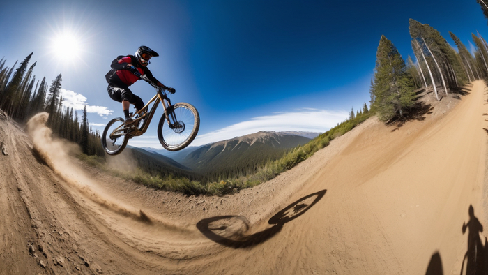 close up, An exhilarating moment frozen in time, featuring a mountain biker in mid-air jump, captured with a GoPro Camera, emphasizing the dynamic and thrilling perspective, GoPro Camera, wide-angle lens, high shutter speed