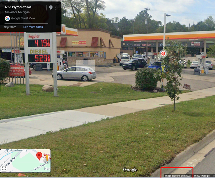 Гугл-панорама, сентябрь 2022. Бензин - 4,19, дизель - 5,29 за галлон