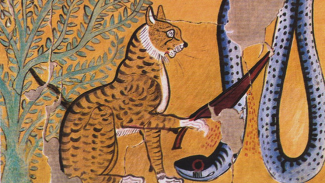 Кот Ра, убивающий змея Апопа. Факсимиле 1920-1921гг., оригинал ок.1295-1213гг. до н.э.