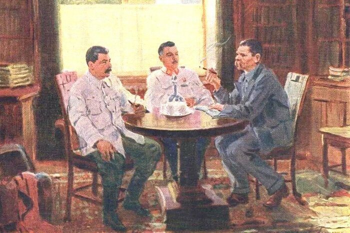 А.М. Герасимов. Сталин и Ворошилов в гостях у Горького