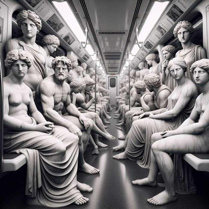 Greek marble statues sitting in a very crowded subway train during rush hour, commuting, with sad expressions. Intricate details, photo taken on Hasselblad, creative photoshoot, unreal render 8k.