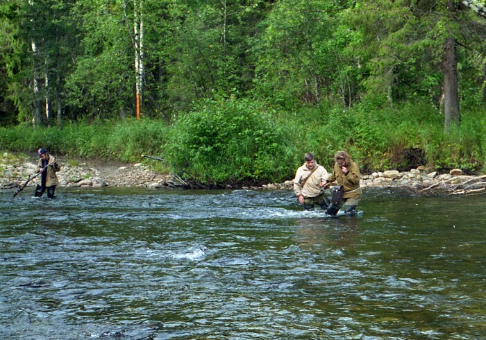 Примерно так выглядел переход через Кутим в хорошую погоду по хорошему броду. В левом углу снимка - Константин Константиныч. Я галантно перевожу свою начальницу (она в самом начале повредила ногу, после чего практически весь сезон просидела в лагере)