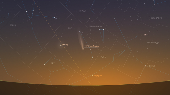 3 апреля 2024: Комета продолжает движение по созвездию Овна и постепенно сближается с Юпитером. Предполагаемая звездная величина 4,13m. Элонгация 26 градусов.