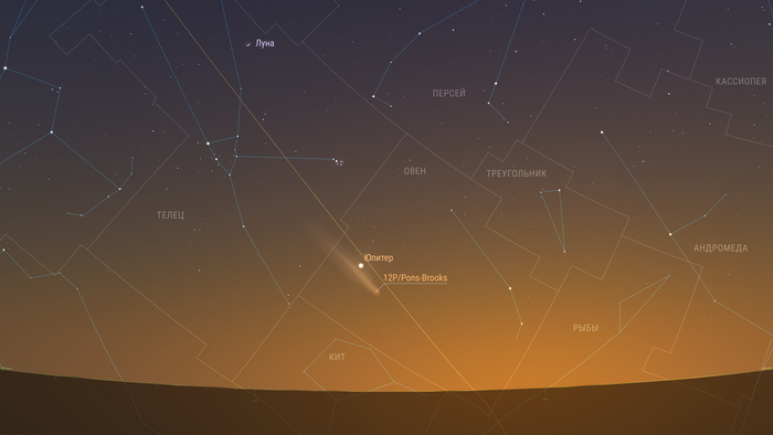 12 апреля 2024: Комета продолжает движение по созвездию Овна и постепенно сближается с Юпитером. Предполагаемая звездная величина 3,80m. Элонгация 23 градуса.
