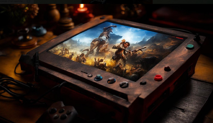 Изображение сгенерировано нейросетью по запросу "российская игровая приставка".