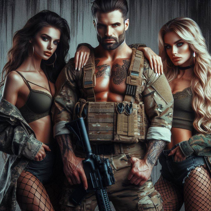 Автоматный мужчина шаблонного боевика. Одна штука. Девки военные, две штуки