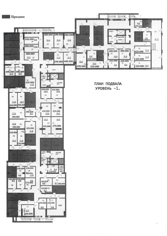 Кладовые помещения с ценами - первый этап застройки; 1-2 секции, левое крыло. По второму этапу застройки (4-6 секции) - как зеркальное отражение. Темным цветом - продано.