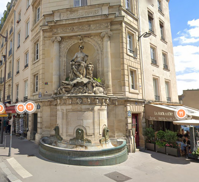 Фонтан Кювье, 20 Rue Cuvier (на его месте ранее находился фонтан Сен-Виктор, который был разобран)
