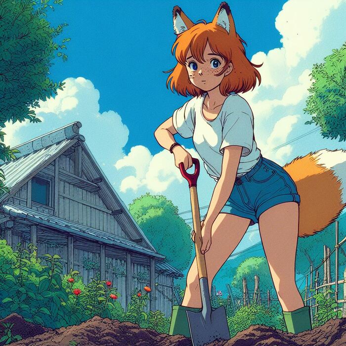 Первый урожай лета Арты нейросетей, Нейронные сети, Арт, Девушки, Anime Art, Аниме, Original Character, Кицунэ, Animal Ears, Хвост, Рыжие, Огород, Редиска, Салат, Лето, Ginger & White, Длиннопост