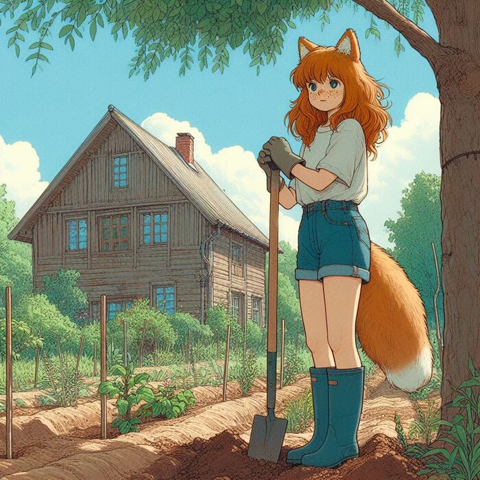 Первый урожай лета Арты нейросетей, Нейронные сети, Арт, Девушки, Anime Art, Аниме, Original Character, Кицунэ, Animal Ears, Хвост, Рыжие, Огород, Редиска, Салат, Лето, Ginger & White, Длиннопост