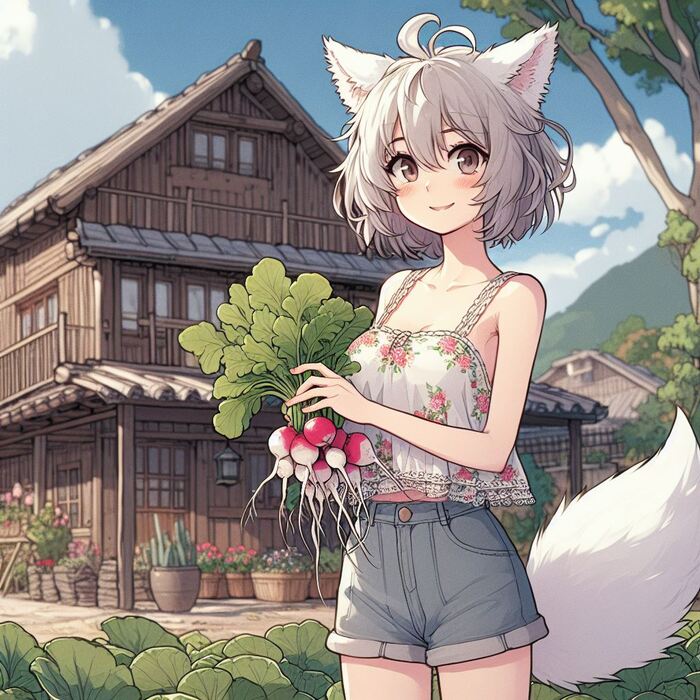 Первый урожай лета Арты нейросетей, Нейронные сети, Арт, Девушки, Anime Art, Аниме, Original Character, Кицунэ, Animal Ears, Хвост, Рыжие, Огород, Редиска, Салат, Лето, Ginger & White, Длиннопост