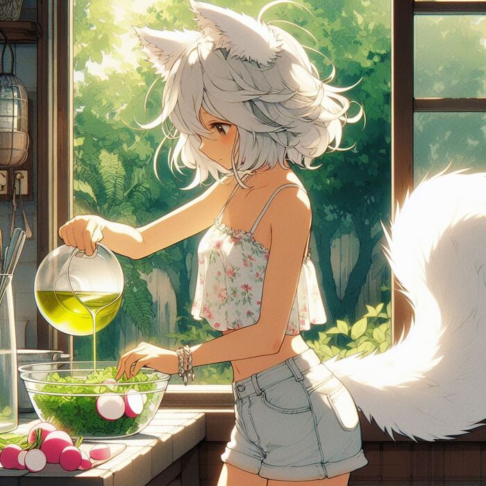 Первый урожай лета Арты нейросетей, Нейронные сети, Арт, Девушки, Anime Art, Аниме, Original Character, Кицунэ, Animal Ears, Хвост, Рыжие, Огород, Редиска, Салат, Лето, Ginger & White, Длиннопост