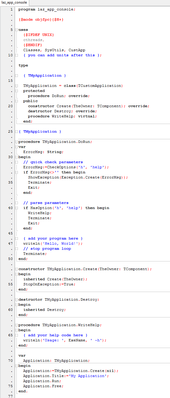 Навороченное консольное приложение Lazarus 2.2.4. Это стандартная заготовка, я добавил только строчку № 47.