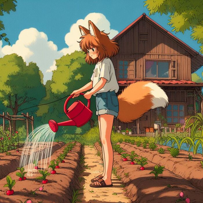 Первый урожай лета Арты нейросетей, Нейронные сети, Арт, Девушки, Anime Art, Аниме, Original Character, Кицунэ, Animal Ears, Хвост, Рыжие, Огород, Редиска, Салат, Лето, Ginger & White, Длиннопост