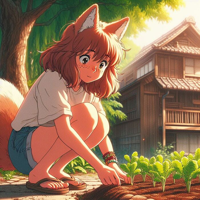 Первый урожай лета Арты нейросетей, Нейронные сети, Арт, Девушки, Anime Art, Аниме, Original Character, Кицунэ, Animal Ears, Хвост, Рыжие, Огород, Редиска, Салат, Лето, Ginger & White, Длиннопост