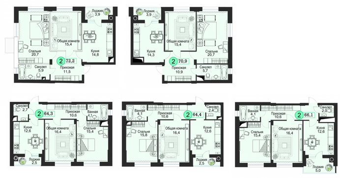 Квадратура двухкомнатных квартир зависит от этажа