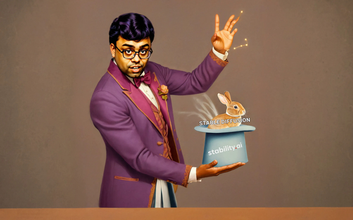 Эмад Мостак в образе фокусника достающего кролика Stable Diffusion из шляпы Stability Ai