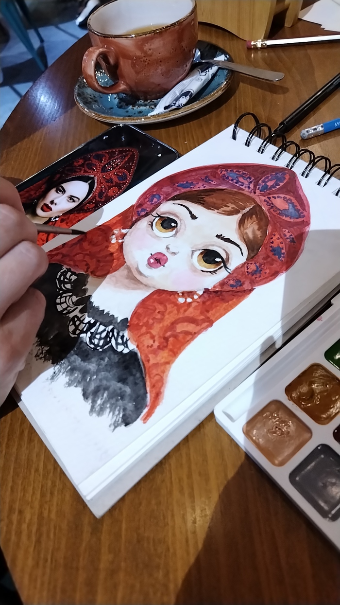 А эту русскую красавицу она нарисовала по воображению, используя мое упражнение- игру, где случайным образом выбираются части лица и получается новое изображение. Одежду она взяла с фотографии .