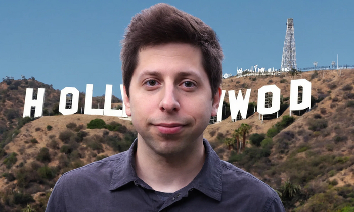 Сгенерированный Сэм Альтмен на фоне сгенерированных голливудских холмов