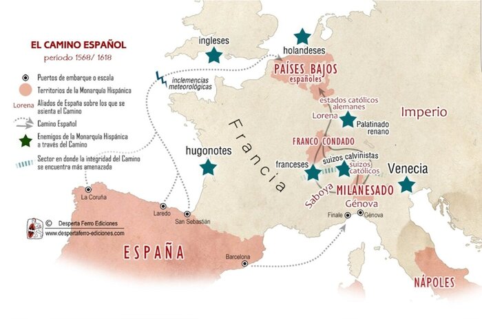 Маршруты переброски войск во Фландрию и "Испанская дорога". Розовым отмечены владения Испанской империи - Испания, Неаполь, Франш-Конте, испанские Нидерланды.