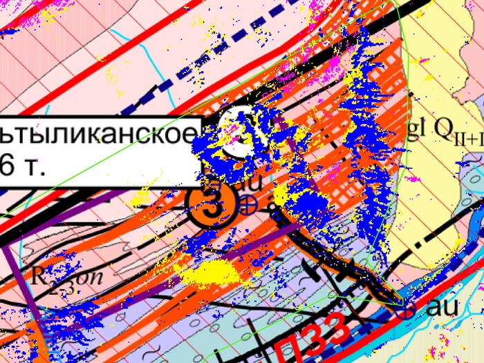 Рудные зоны - оранжевые линии.