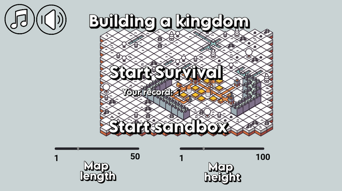 Главное меню, на фоне летает остров, есть режим песочницы и выживания. В песочнице можно настраивать размер генерируемого острова.