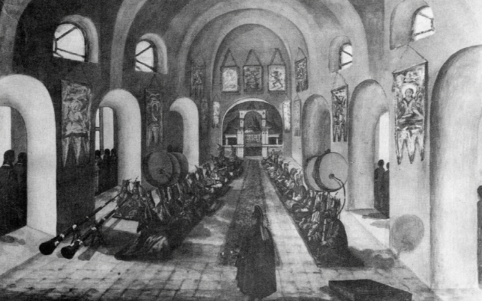 Г. и Н. Чернецовы. Интерьер молельни Хошеутовского хурула. 1838 г.