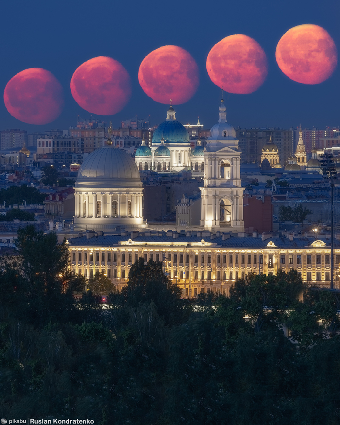 Секвенция восхода Луны. Стек из 5ти кадров. Дата съемки: 27.05.2024, снято из дома по адресу Пионерская 50А. Фокусное расстояние: 500мм.