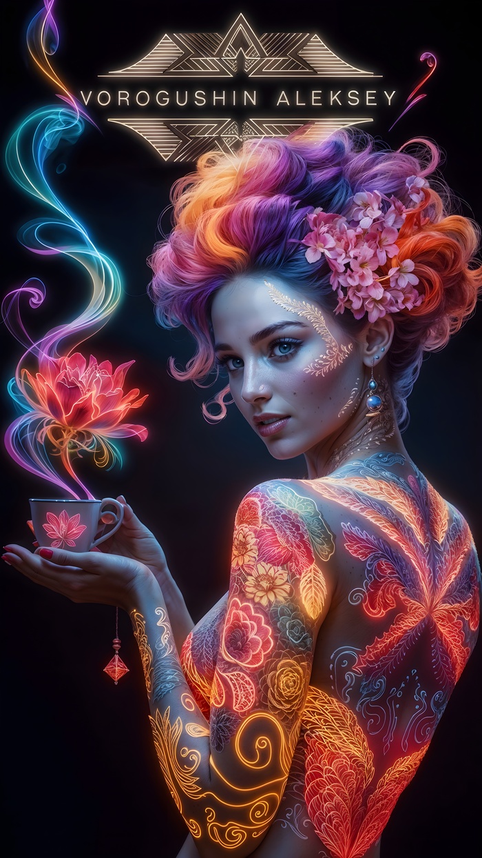Нейрохудожник: Ворогушин Алексей Геннадьевич. Элегантная красивая девушка с боди-артом и цветочными мотивами