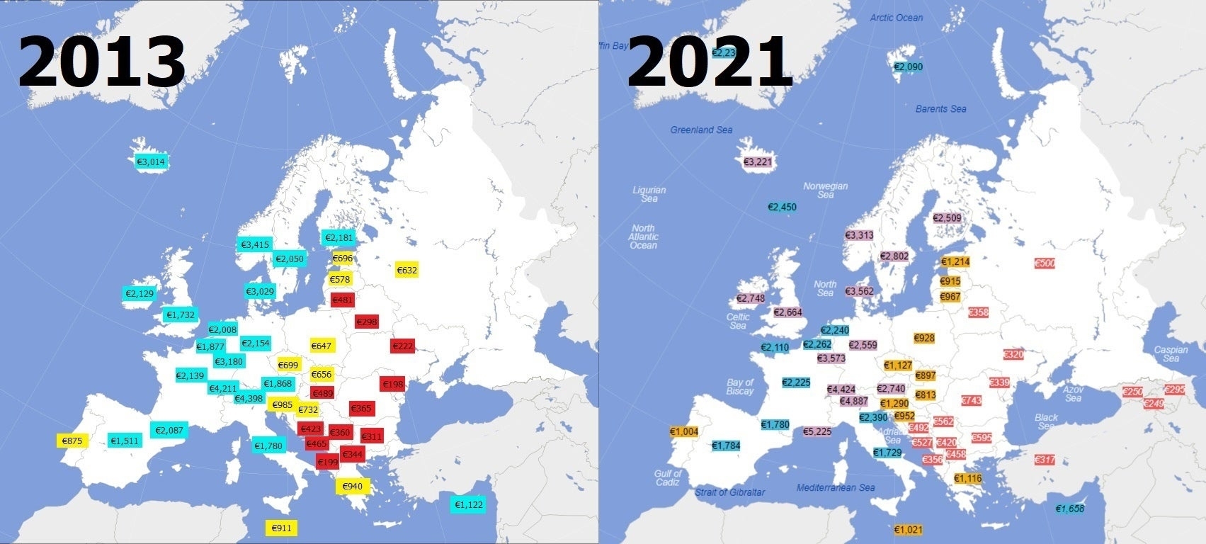 Средняя чистая заработная плата в Европе 2013 vs 2021 сравнение | Пикабу