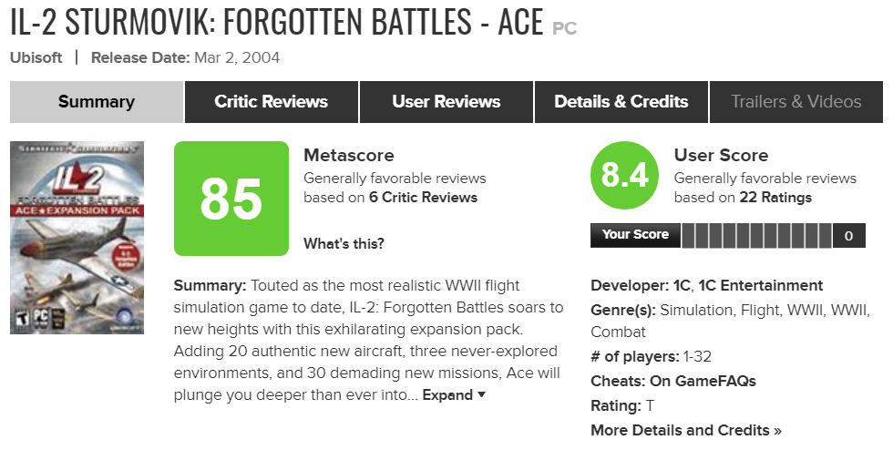 IL-2 Sturmovik: Forgotten Battles - Ace - Metacritic