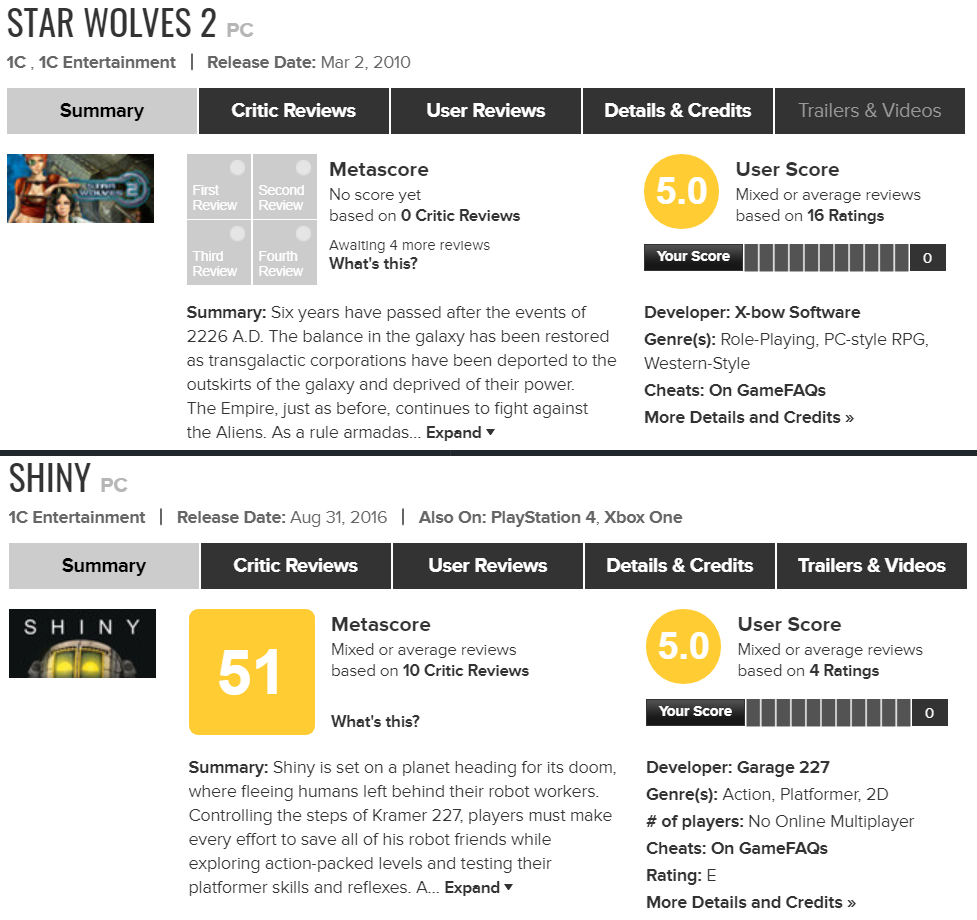 Топ-10 лучших и худших игр от 1C ENTERTAINMENT по версии пользователей  сайта Metacritic | Пикабу