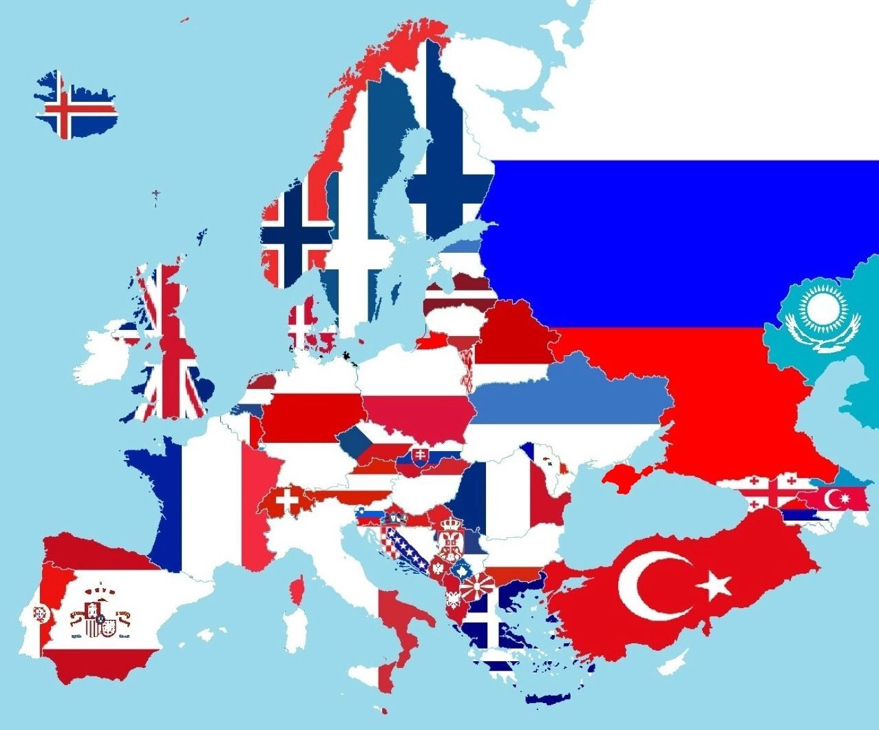Карта Европы, но на флагах стран оставлены только белые, синие и красныецвета