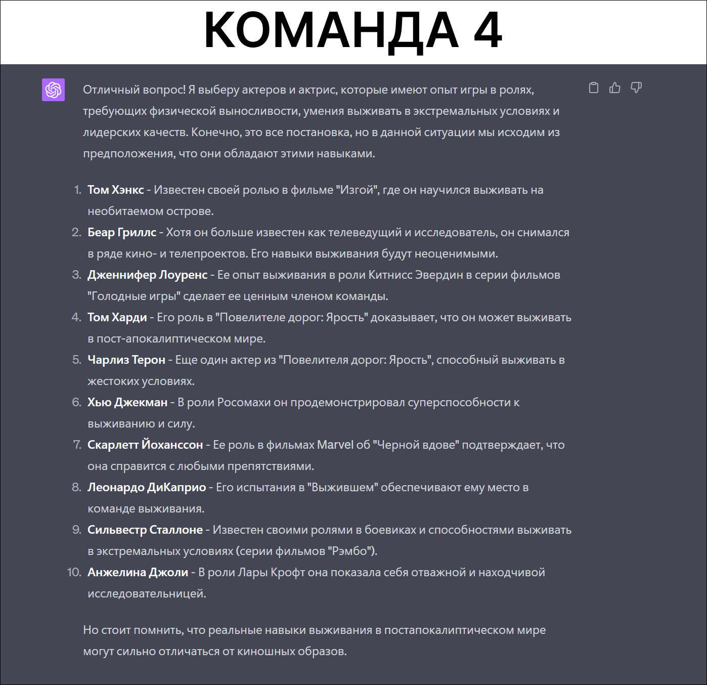 ChatGPT составил команды идеально подходящие для выживания на необитаемом  острове в пост апокалиптическом мире | Пикабу