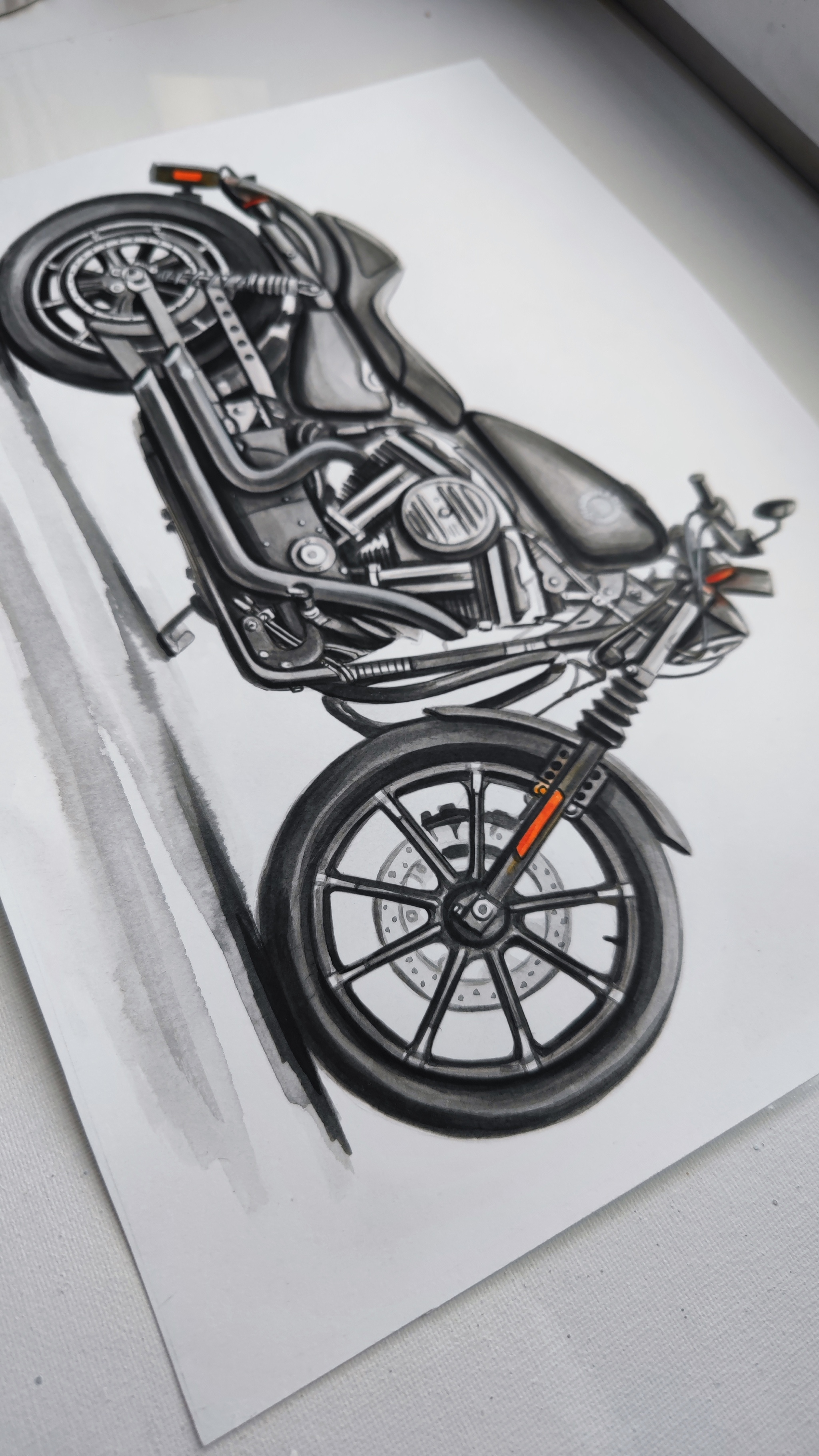 Мотоцикл Harley-Davidson. Рисунок на бумаге | Пикабу